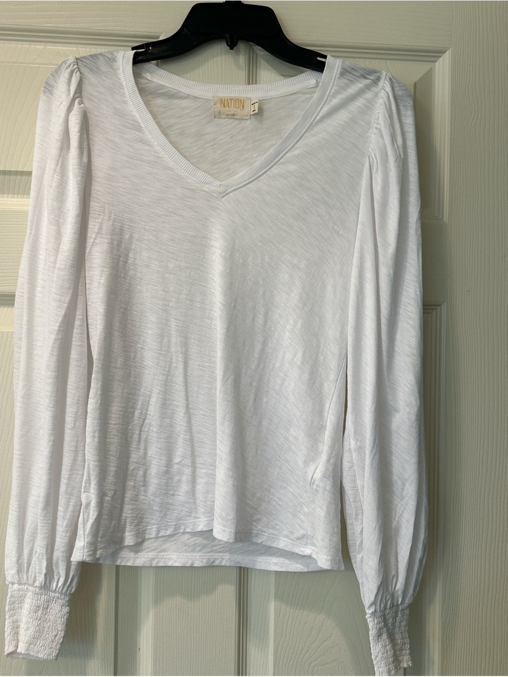 Nation LTD White V-Neck Long Sleeve Top with Smocked Cuffs